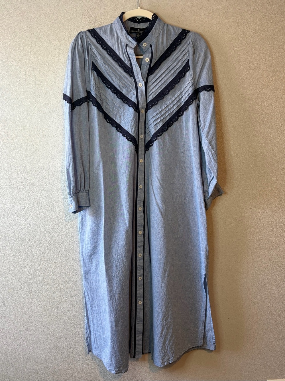 Pomander Place Tuckernuck Jolene Chambray Midi Dress Button Front Lace Linen - Picture 4 of 7